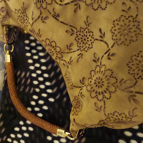 COLE HAAN Suede Laser Etched Floral Motif Hobo Bag w/ Leather Braided Strap - Picture 6 of 13